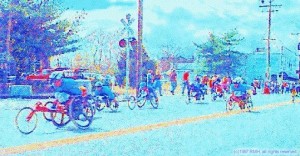 Illustration, Boston Marathon, wheelchair racers, (c)1997 RMH