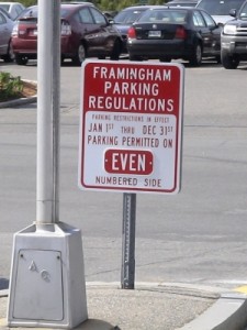 Photo of Framingham's new odd/even parking signs, (April 2010)