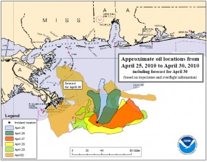 Spread of BP oil spill in Gulf of Mexico, April 25-30, 2010 MAP - Spread of BP oil spill in Gulf of Mexico, April 25-30, 2010