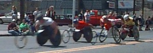 Boston Marathon 1997 wheelchair division coming through Framingham, MA