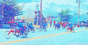 Illustration of Wheelchair racers 101st Boston Marathon, (c)RMH 1997, all rights reserved.