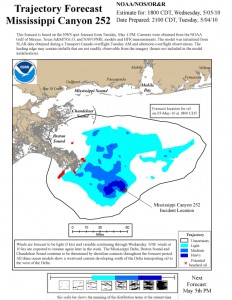 May 4, 2010 - NOAA 24 hour trajectory map shows oil hitting sensitive coastal breeding and wildlife refuge areas DEEPWATER HORIZON SPILL - NOAA 24 hour trajectory map, (May 4, 2010)
