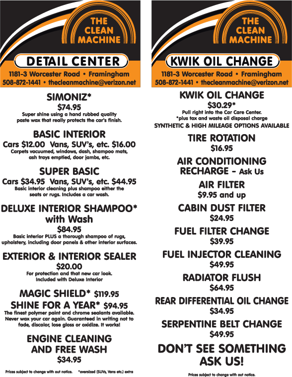 Special Offers from The Clean Machine car wash and KWIK oil change center, Framingham, MA