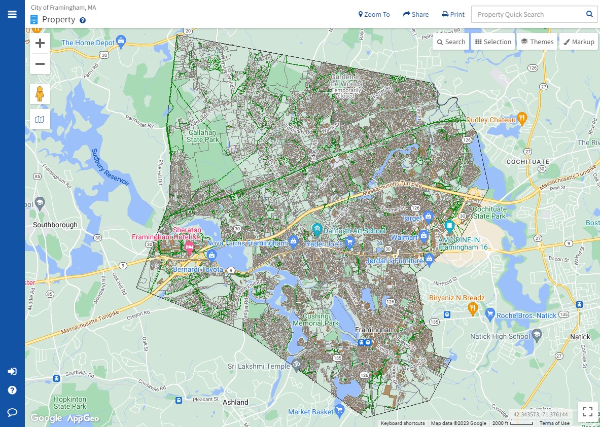 screen capture of Framingham, MA Online mapping data